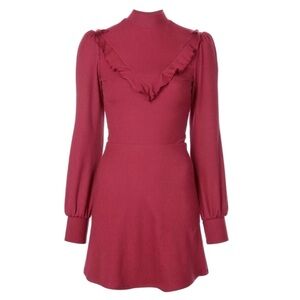 Reformation Puffy Balloon Sleeve Burgundy Ruffle Bib Chapel Mock Neck Dress